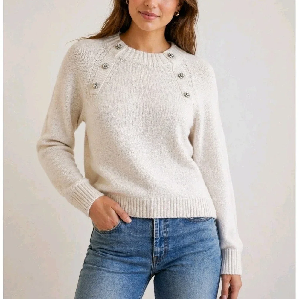 J.Crew Sweater Small Ivory Nylon Lambswool Blend Button Shoulder Knit